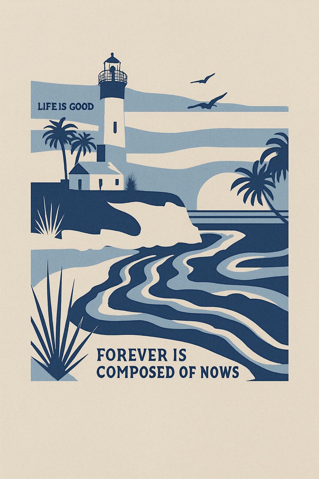 Serene Coastal Lighthouse Illustration with Life is Good Text T-Shirt