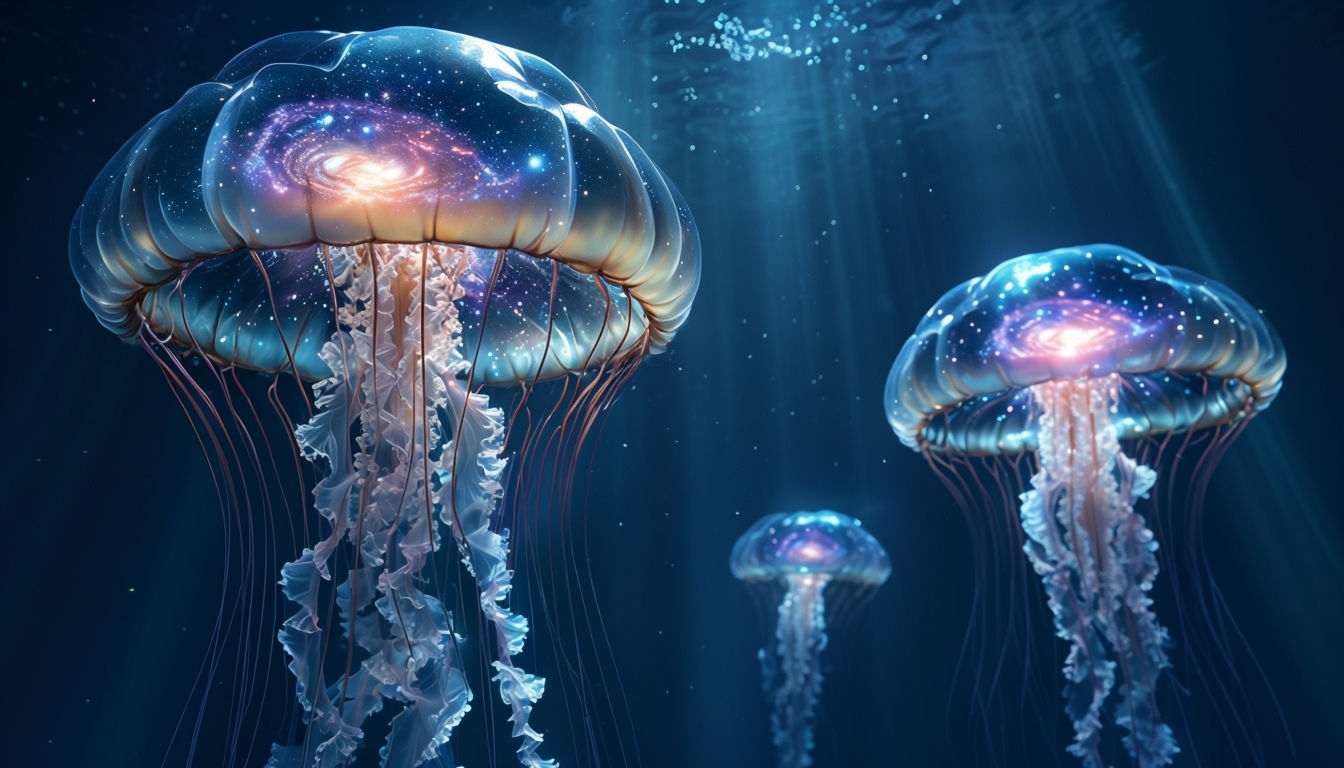 Majestic Cosmic Jellyfish Underwater Scene for Mobile Backgrounds