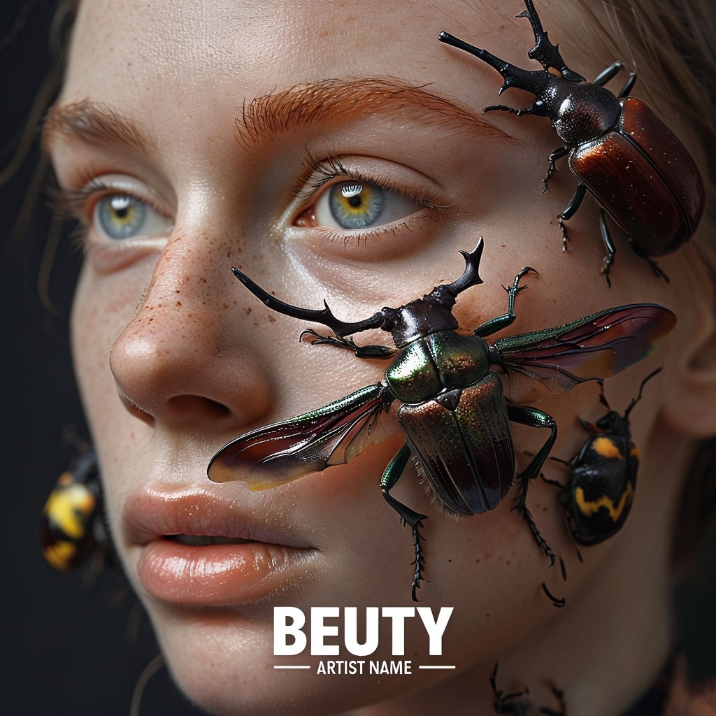 Surreal Close-up Face with Beetles and 'BEUTY' Text Spotify Album Cover