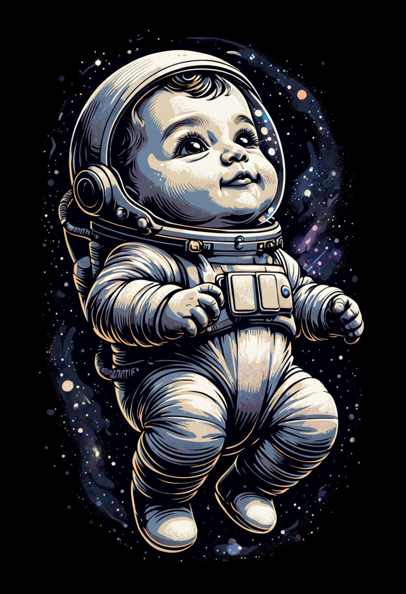 Cherubic Baby Astronaut Floating in Cosmic Wonder Illustration Art