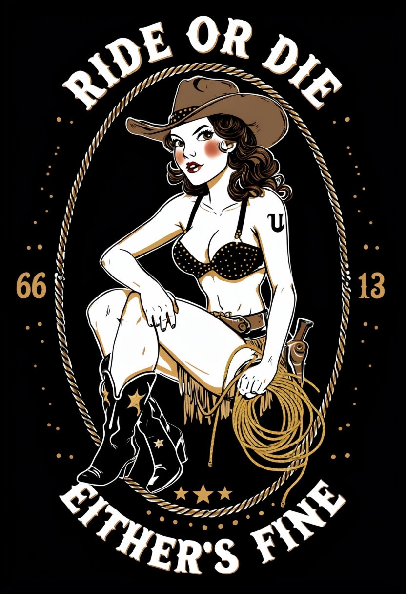 Vintage Cowgirl Illustration with Ride or Die Text Poster