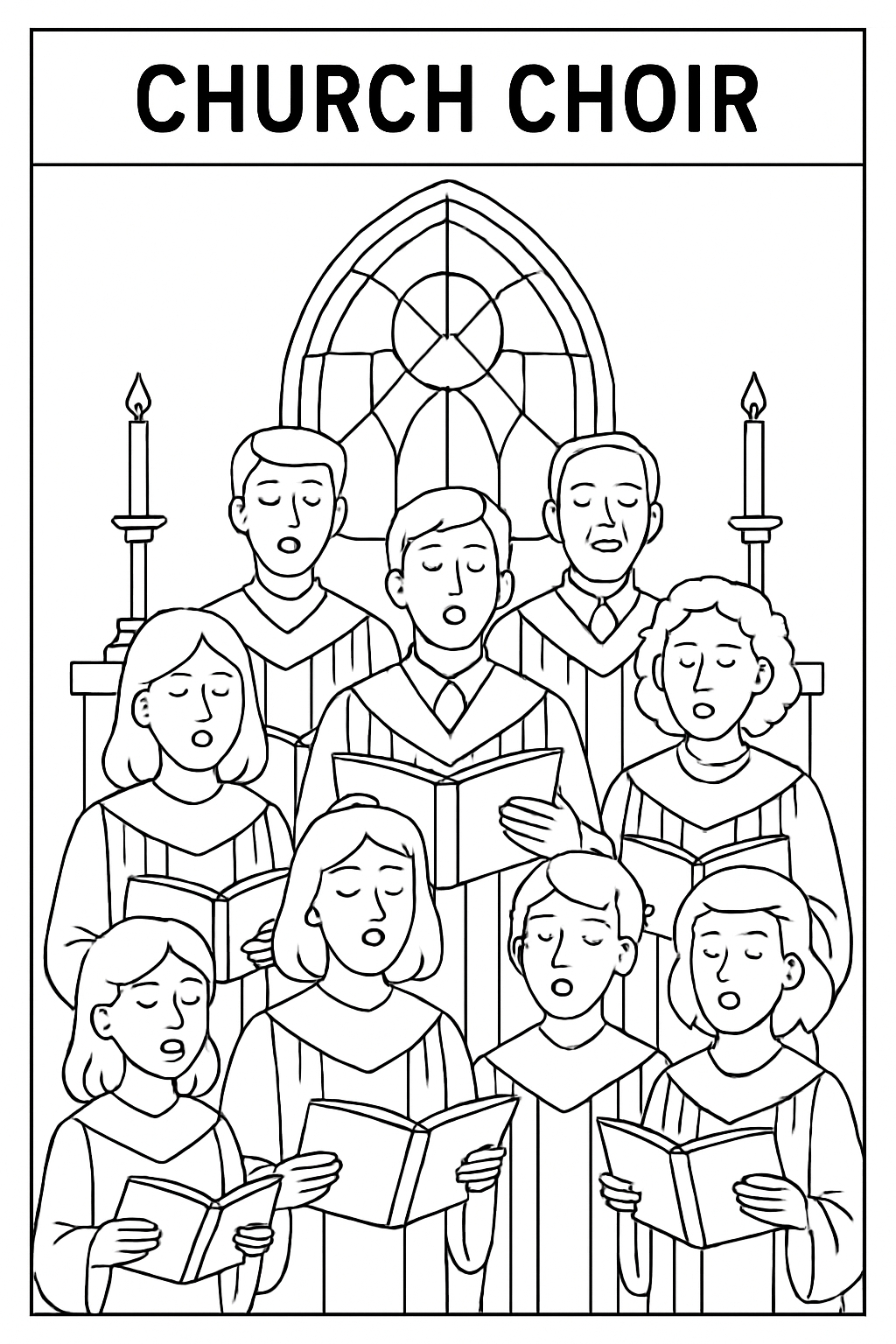Black and White Church Choir Illustration for Coloring Book Pages