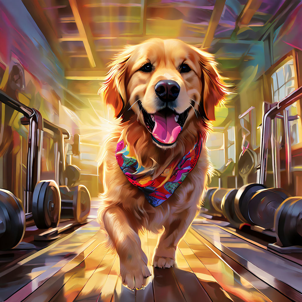 A Golden Retriever midstride on a treadmill by 박정하3215 Playground