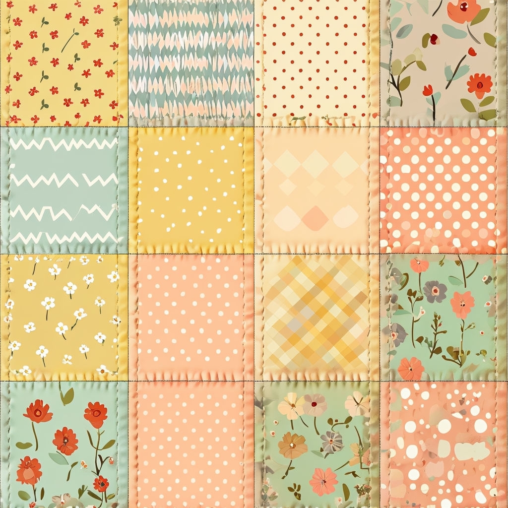 Colorful Patchwork Quilt Design with Floral and Geometric Patterns Seamless Pattern