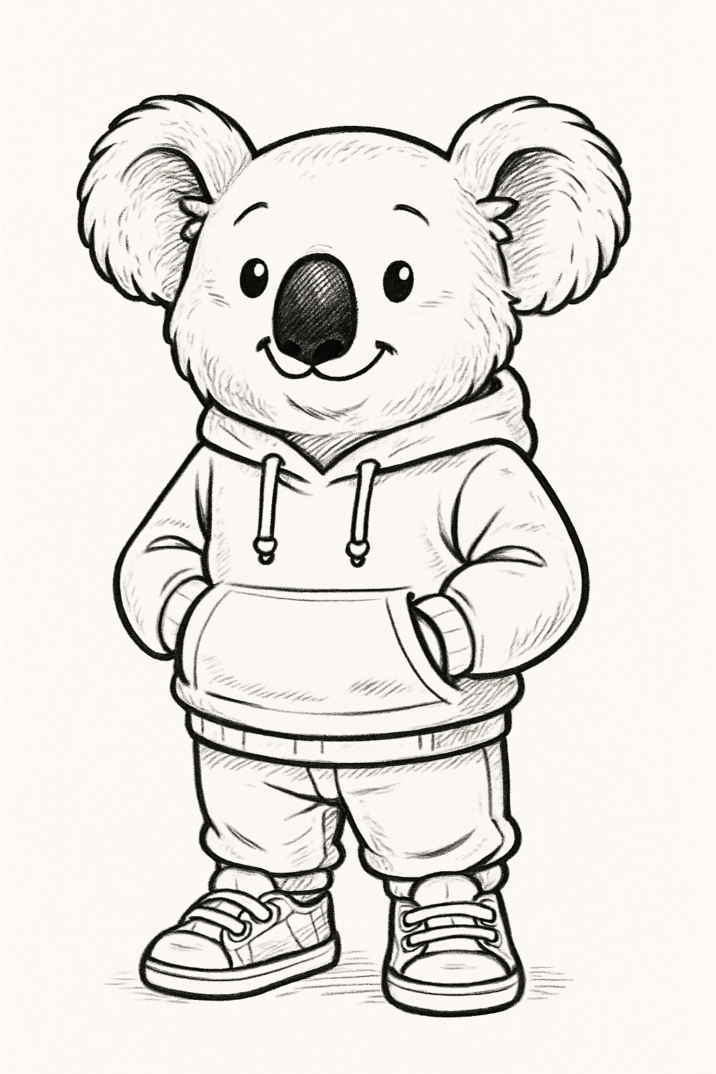Whimsical Black and White Koala Character Sketch Coloring Book Page