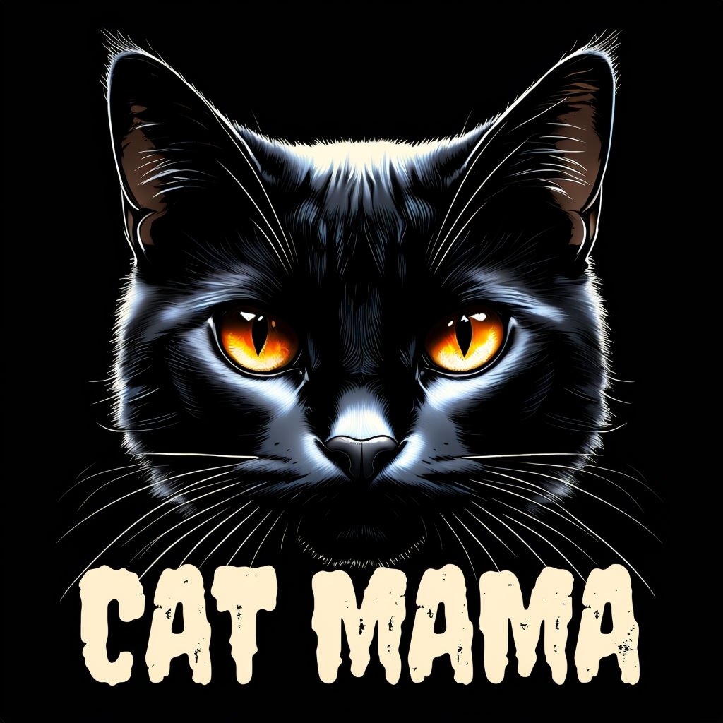 Striking Black Cat Face with 'Cat Mama' Text T-Shirt
