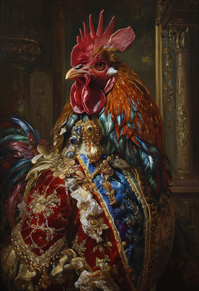 Regal Ornamental Rooster Oil Painting in Aristocratic Style Art