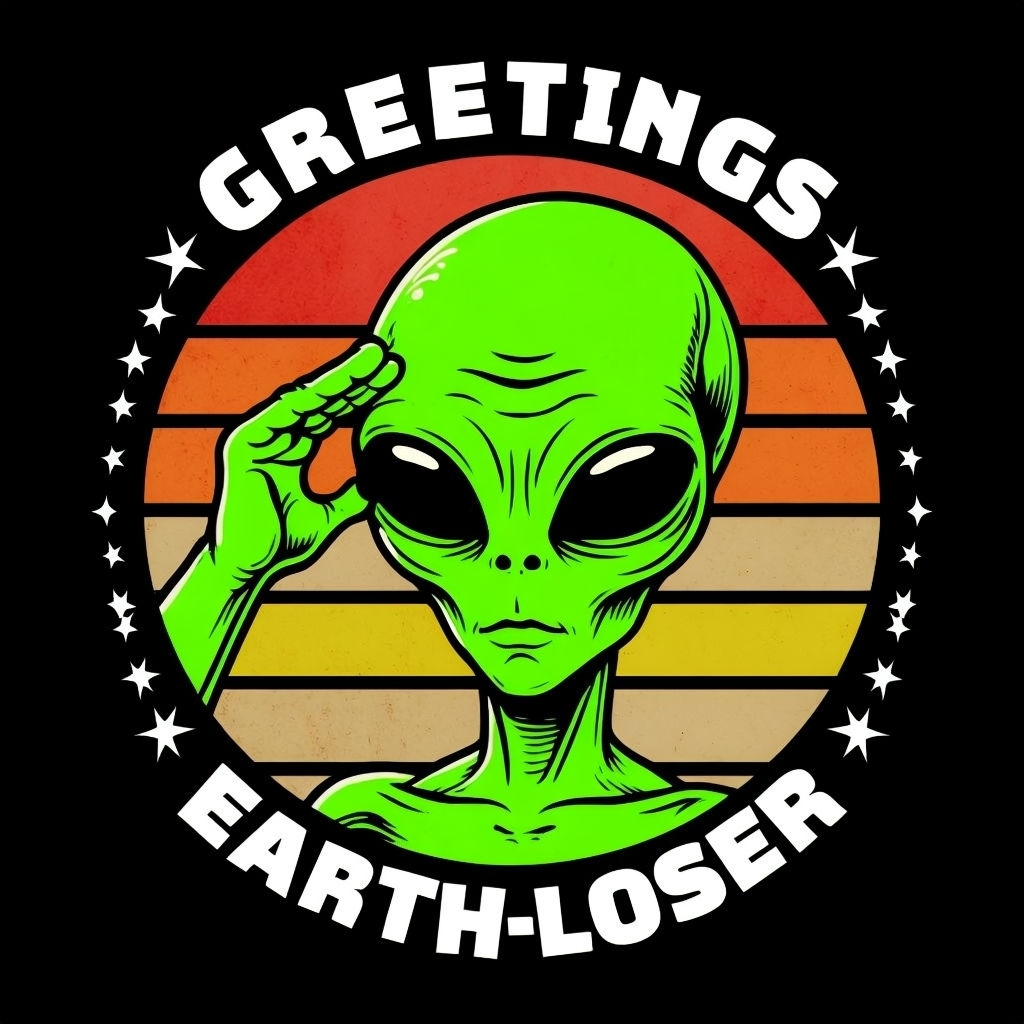 Funny Green Alien Saluting Illustration T-Shirt