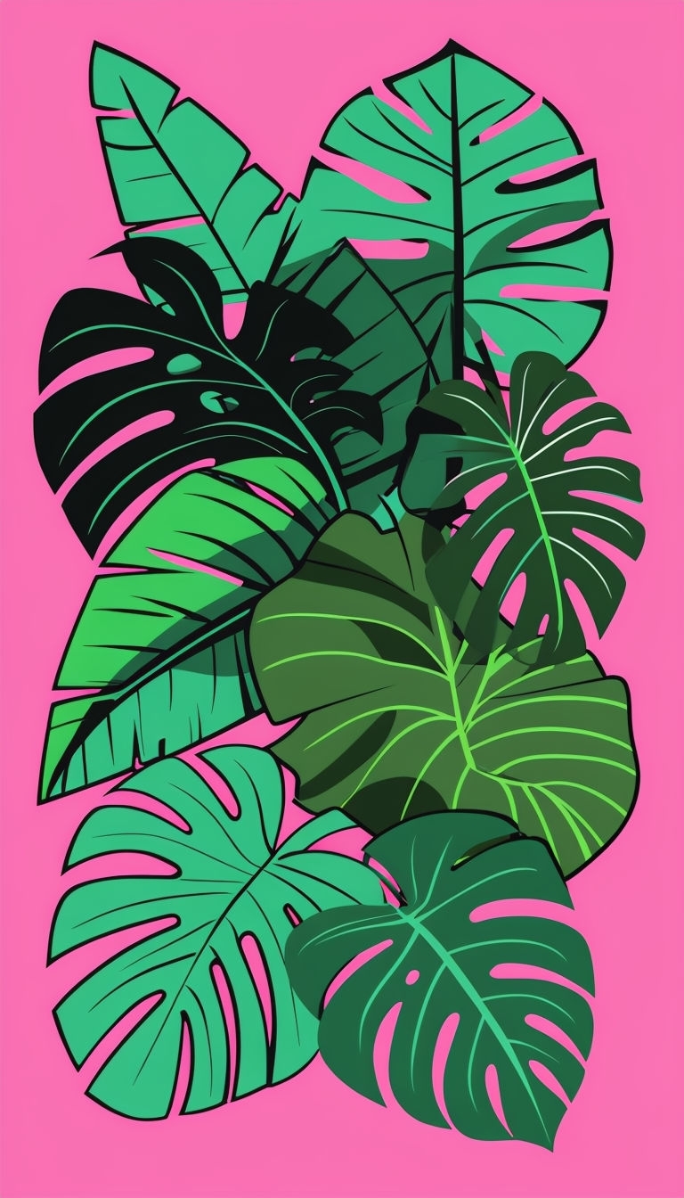 Tropical Leaves Arrangement with Bold Colors and Black Outlines Mobile Wallpaper
