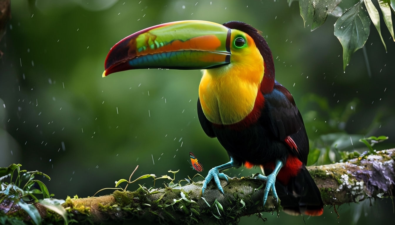 Vibrant Keel-Billed Toucan in Rainforest Setting Background