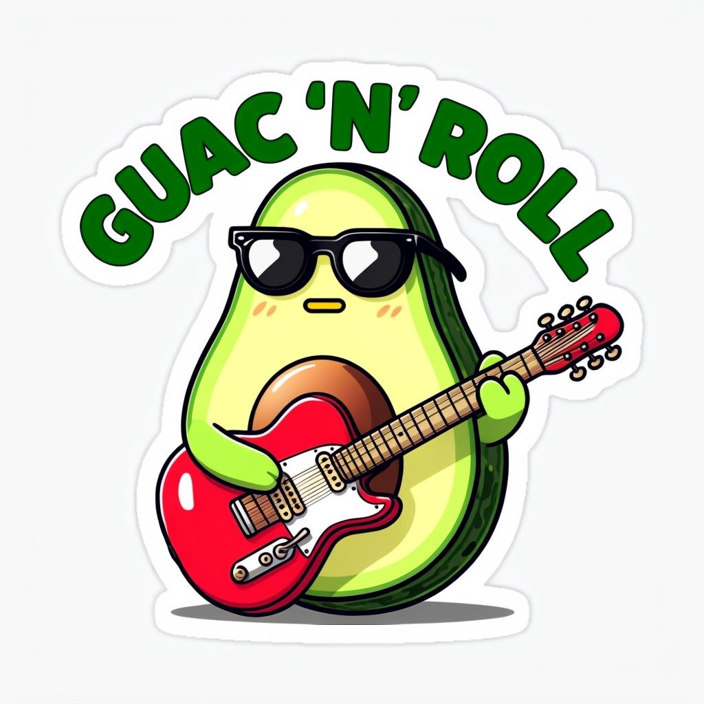 Cool Avocado Playing Guitar Sticker with Guac 'n' Roll Text