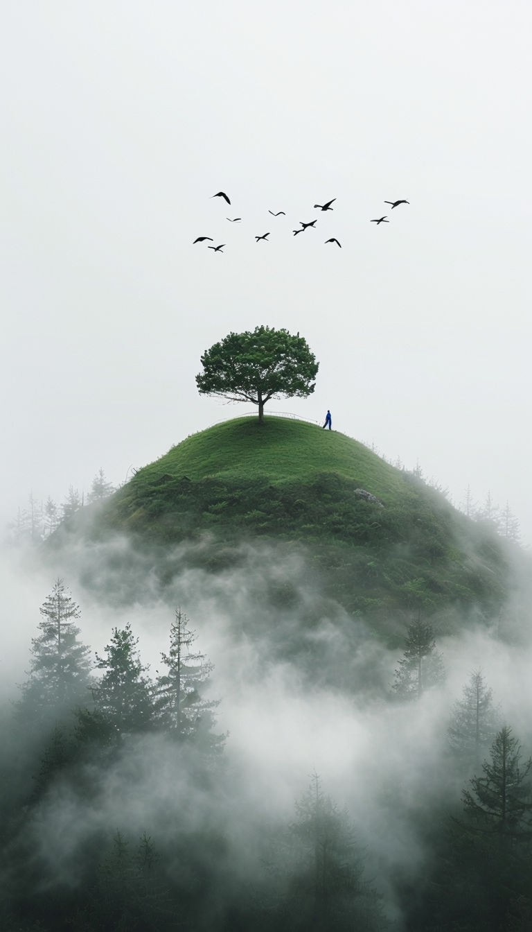 Serene Misty Landscape with Tree and Birds Mobile Wallpaper