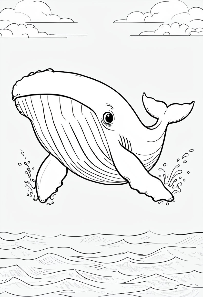 Cheerful Cartoon Whale Swimming in Ocean Scene Coloring Book Page