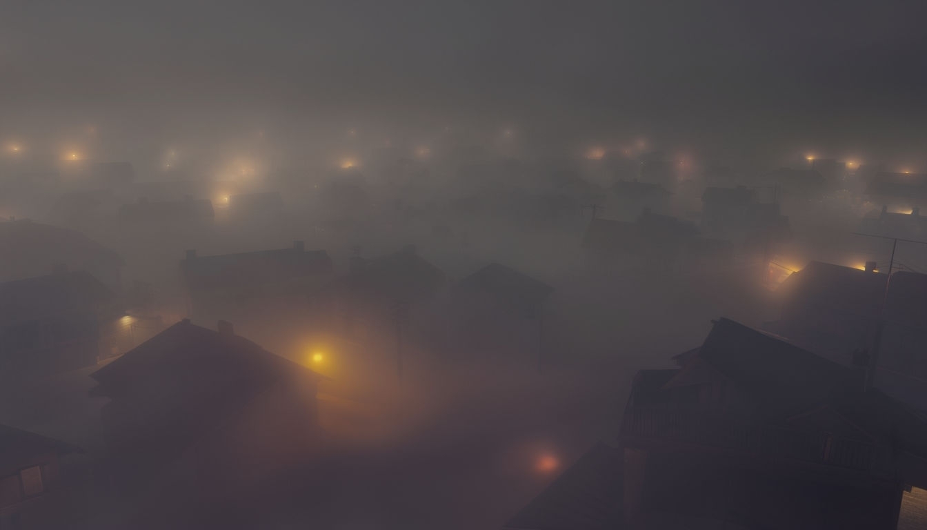 Fog-Shrouded Town at Night with Soft Glowing Lights Background