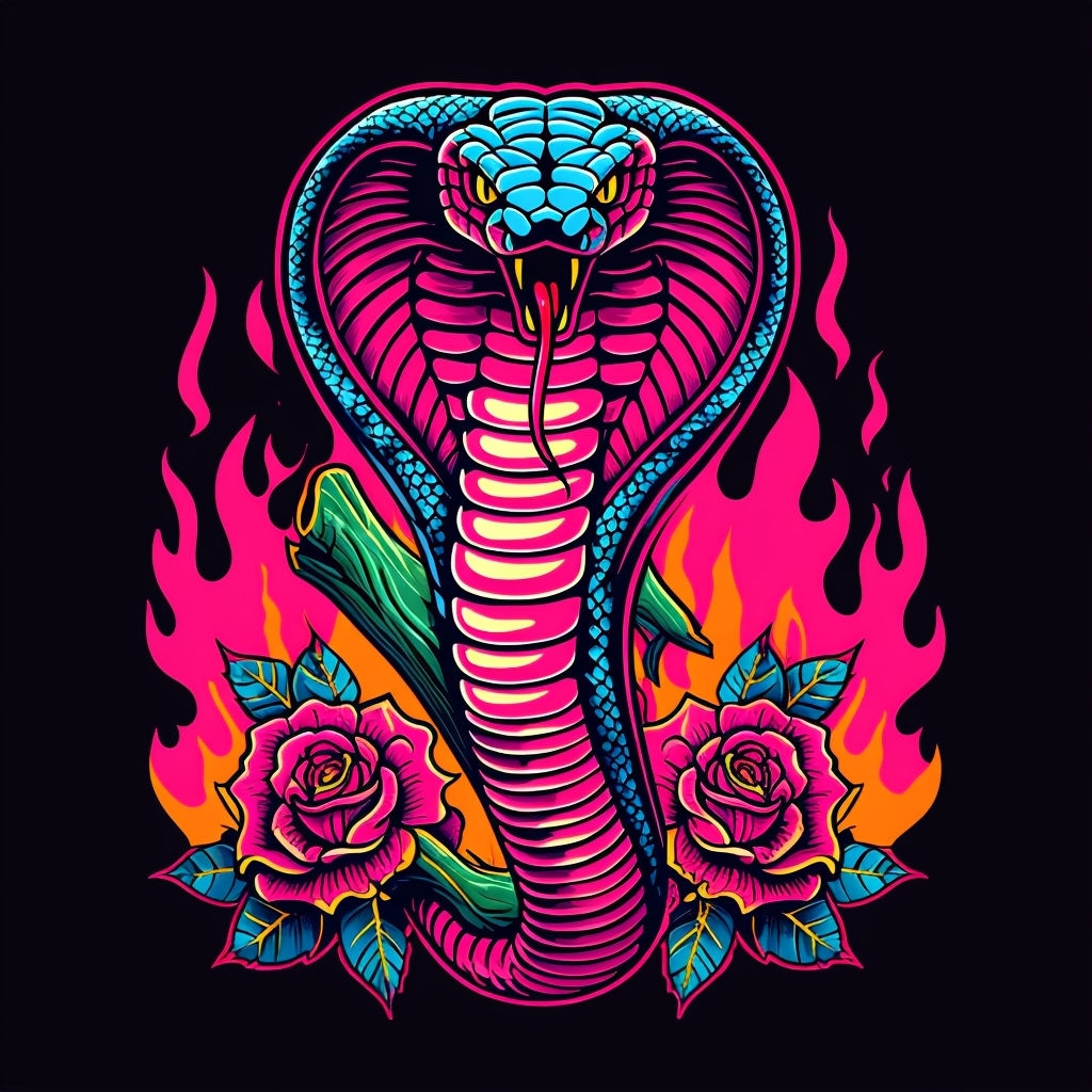 Vibrant Cobra and Roses Neon Tattoo Style T-Shirt