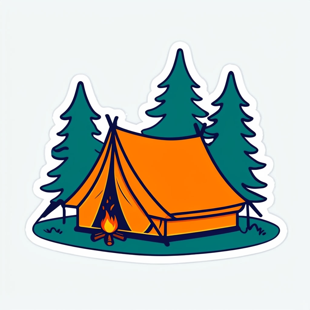 Cozy Cartoon Happy Camper Tent and Fire Sticker