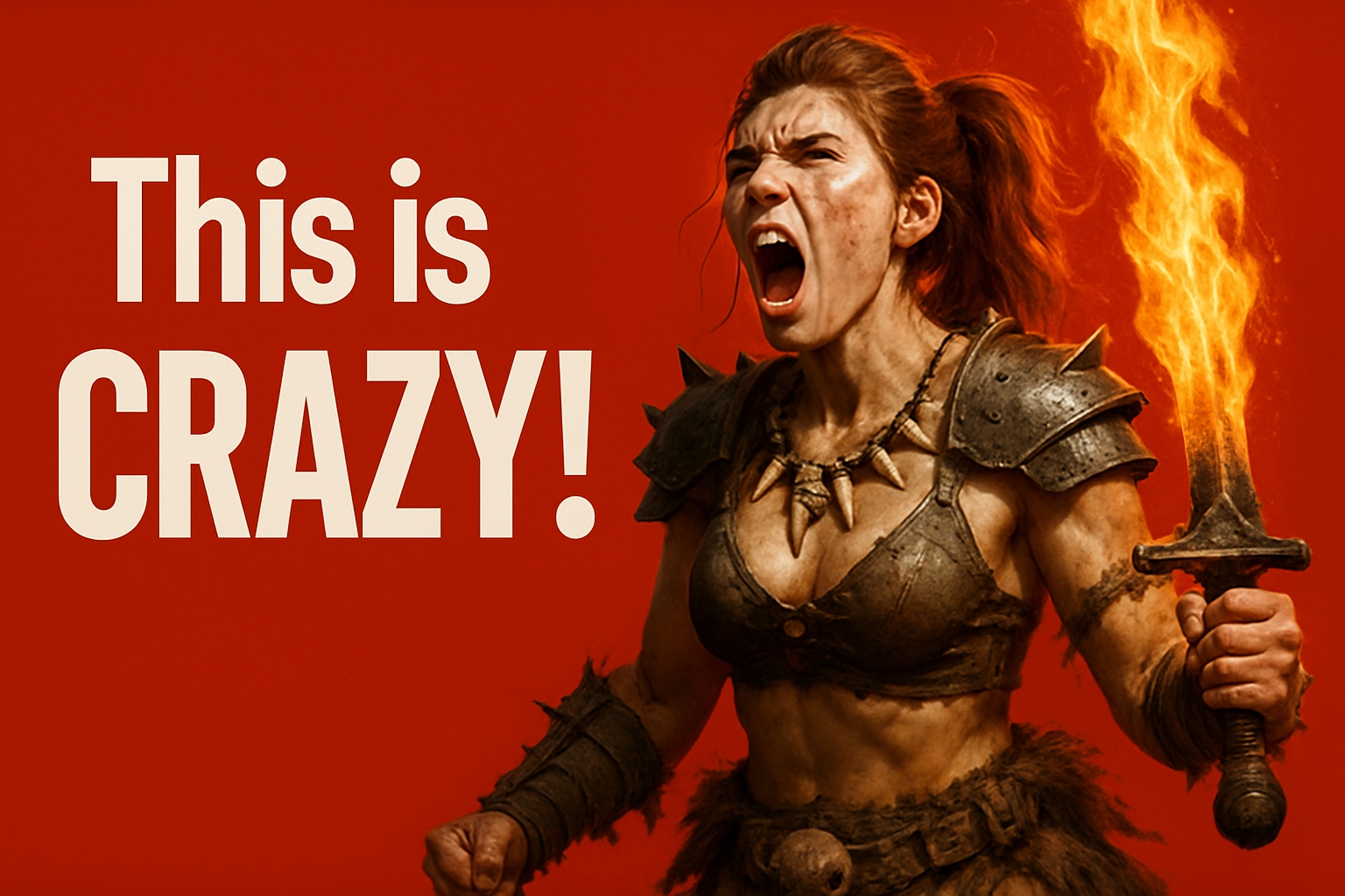 Fierce Warrior Woman Roaring with Fiery Sword Artwork Social Media Post