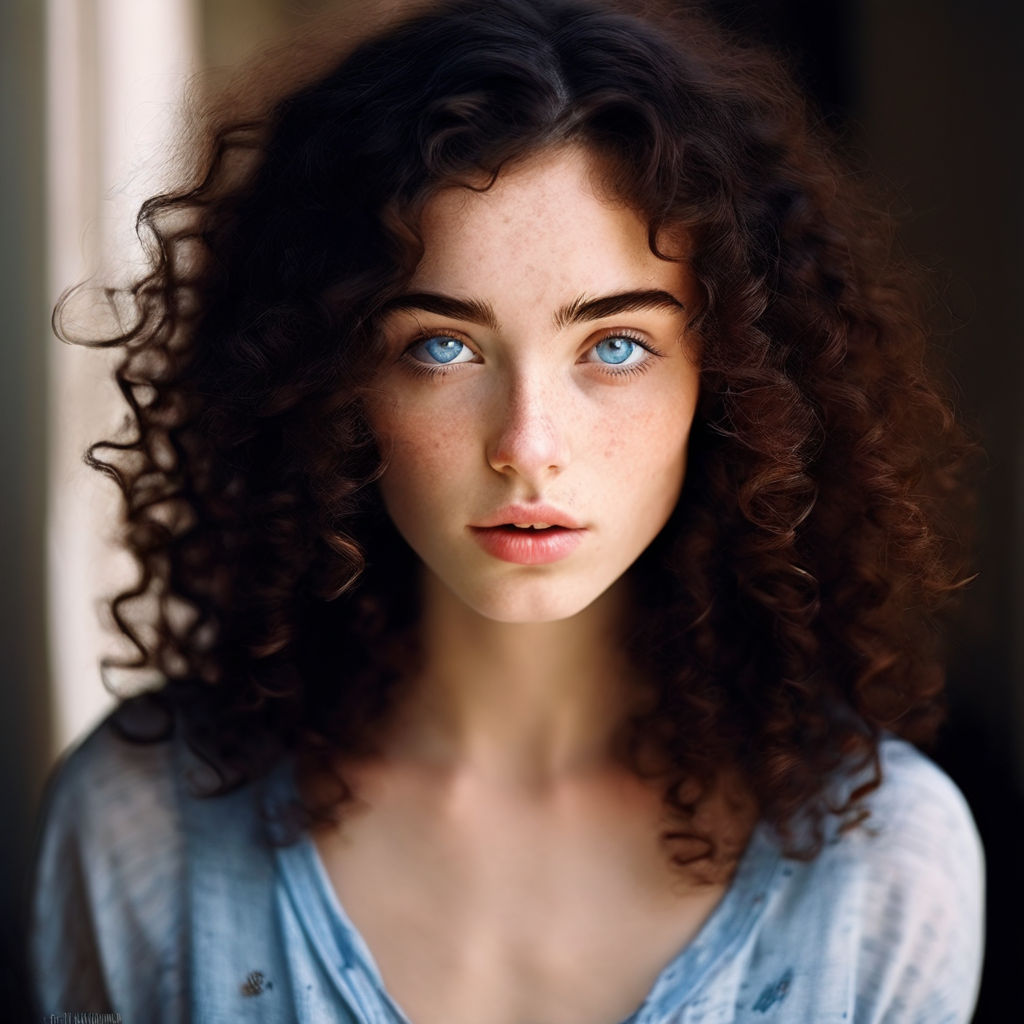 17 year old teen long Black Thick Curly Hair Blue eyes Pale Skinned Long  Thick Black Hair Pale skin Cinematic Film Still A 17 year old Teen Woman