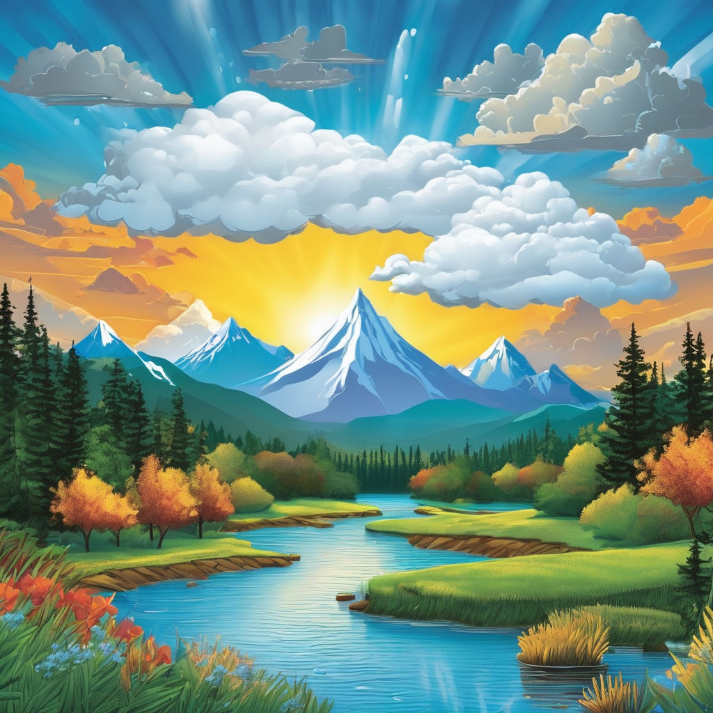 Illustrate the water cycle in a vibrant ecosystem. Show a mo... by da