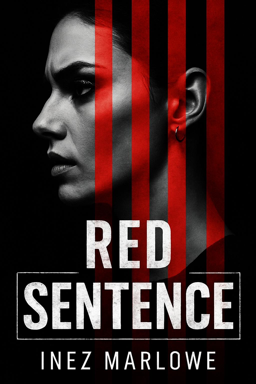 Dramatic Red Sentence EBook Cover with Striking Woman's Portrait