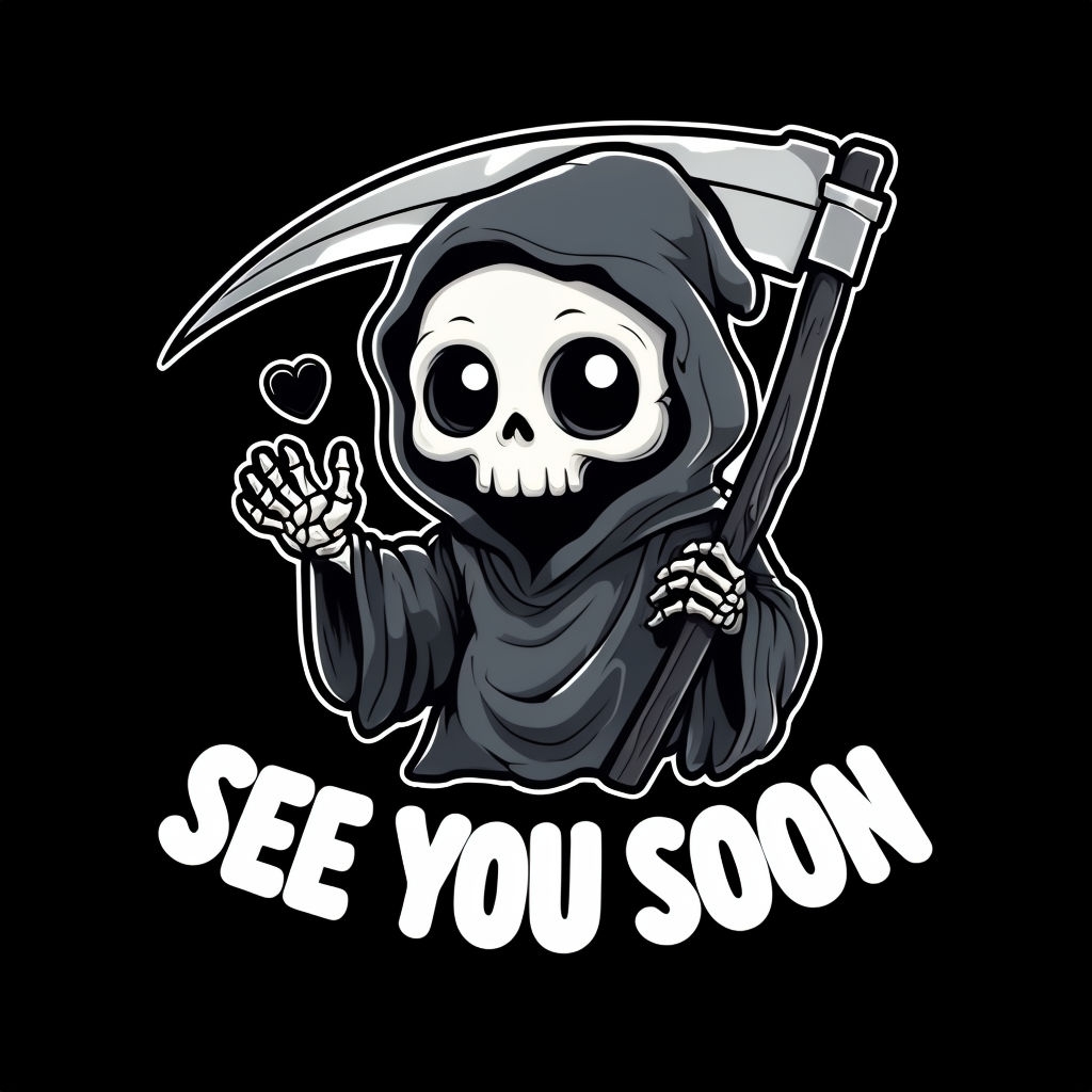 Cute Grim Reaper Cartoon with See You Soon Text T-Shirt