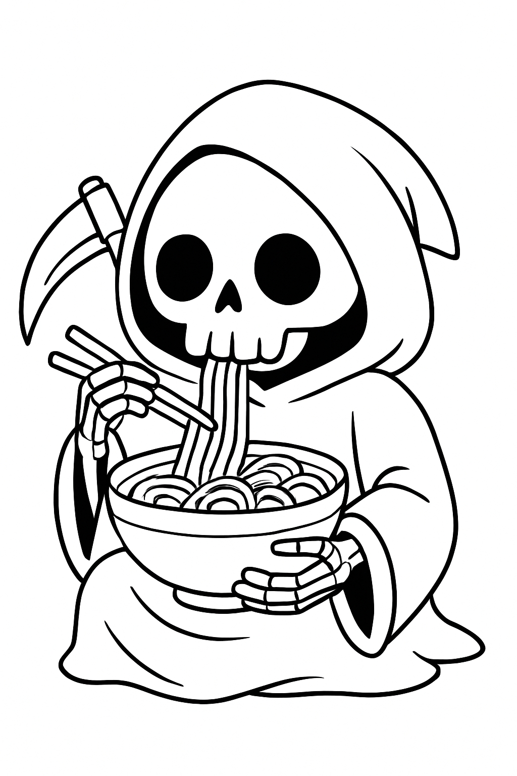 Whimsical Cartoon Grim Reaper Holding Noodles Coloring Page