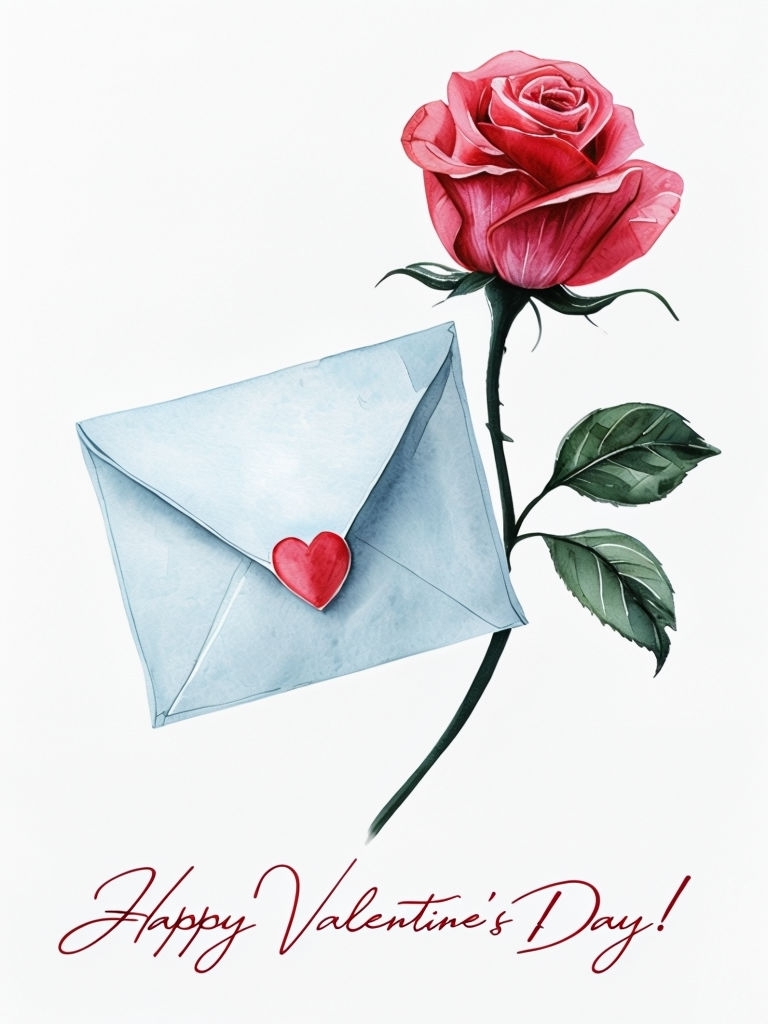 Minimalist Watercolor Envelope with Rose for Valentine's Day Card