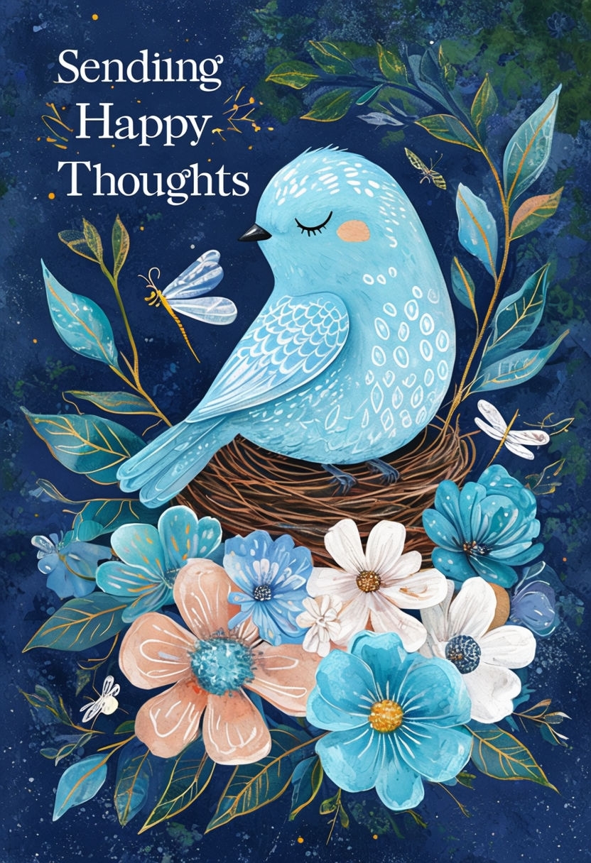 Whimsical Light Blue Bird Sending Happy Thoughts Art