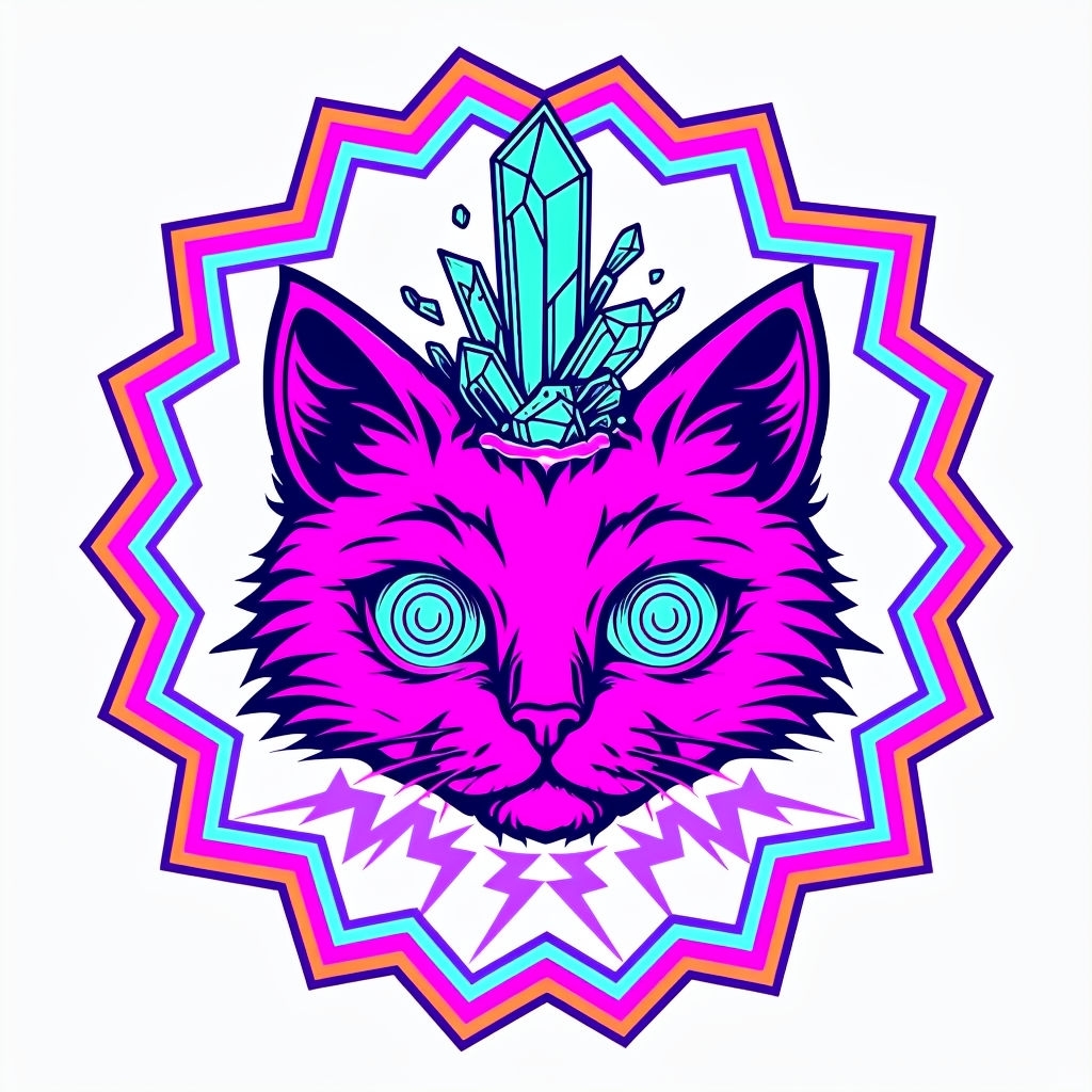 Psychedelic Neon Pink Cat Head with Crystals Sticker