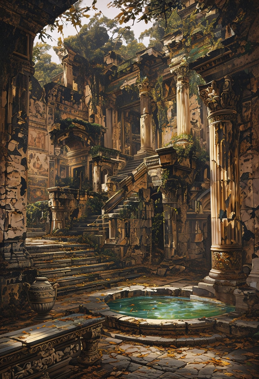 Ancient Ruins Embraced by Nature Serene Landscape Painting Art