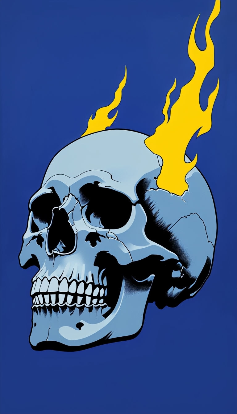 Stylized Human Skull with Vibrant Flames Graphic Illustration Mobile Wallpaper