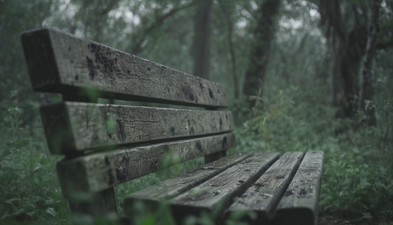 Weathered Wooden Bench in Tranquil Forest Setting Background