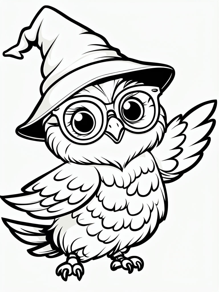 Playful Dancing Owl Wearing Glasses and Wizard Hat Coloring Page