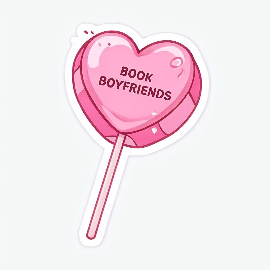 Whimsical Pink Heart Lollipop Sticker with Book Boyfriends Text