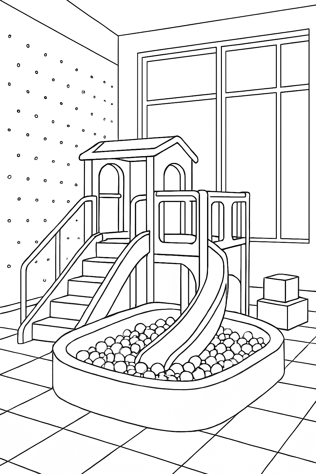 Indoor Playroom with Ball Pit and Slide Line Drawing Coloring Book Pages