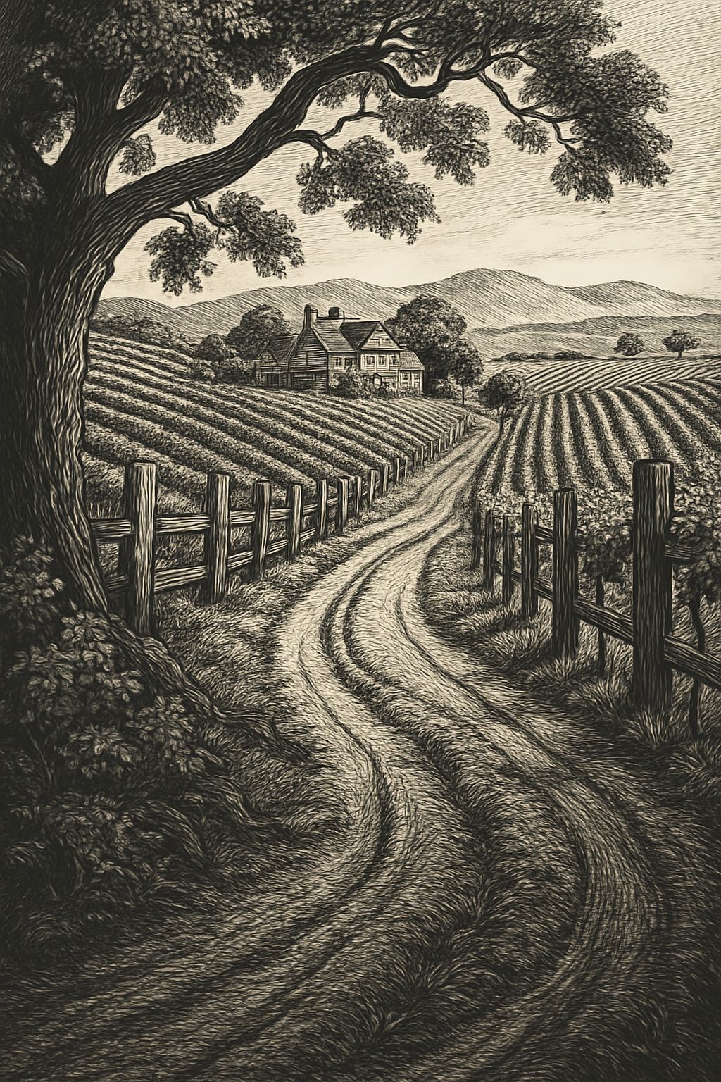 Serene Black and White Rural Landscape Linocut Print Flyer