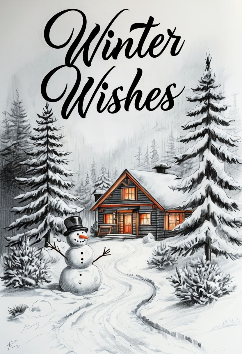 Serene Winter Scene Sketch with 'Winter Wishes' Art