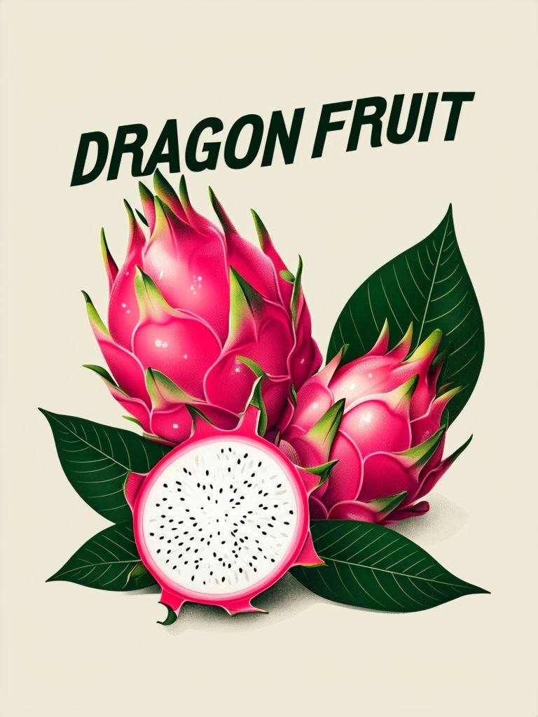Vintage Dragon Fruit Illustration with Green Leaves Poster