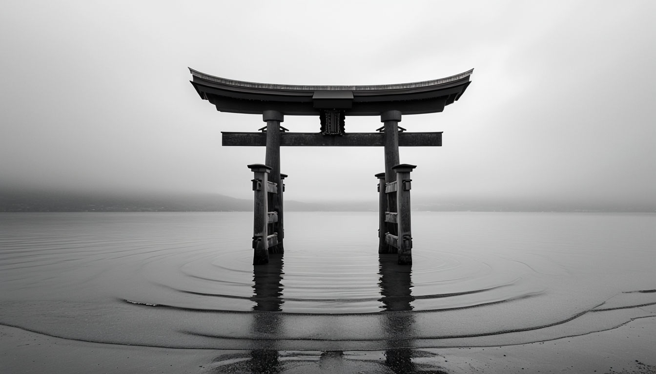 Serene Black and White Torii Gate Reflection Background