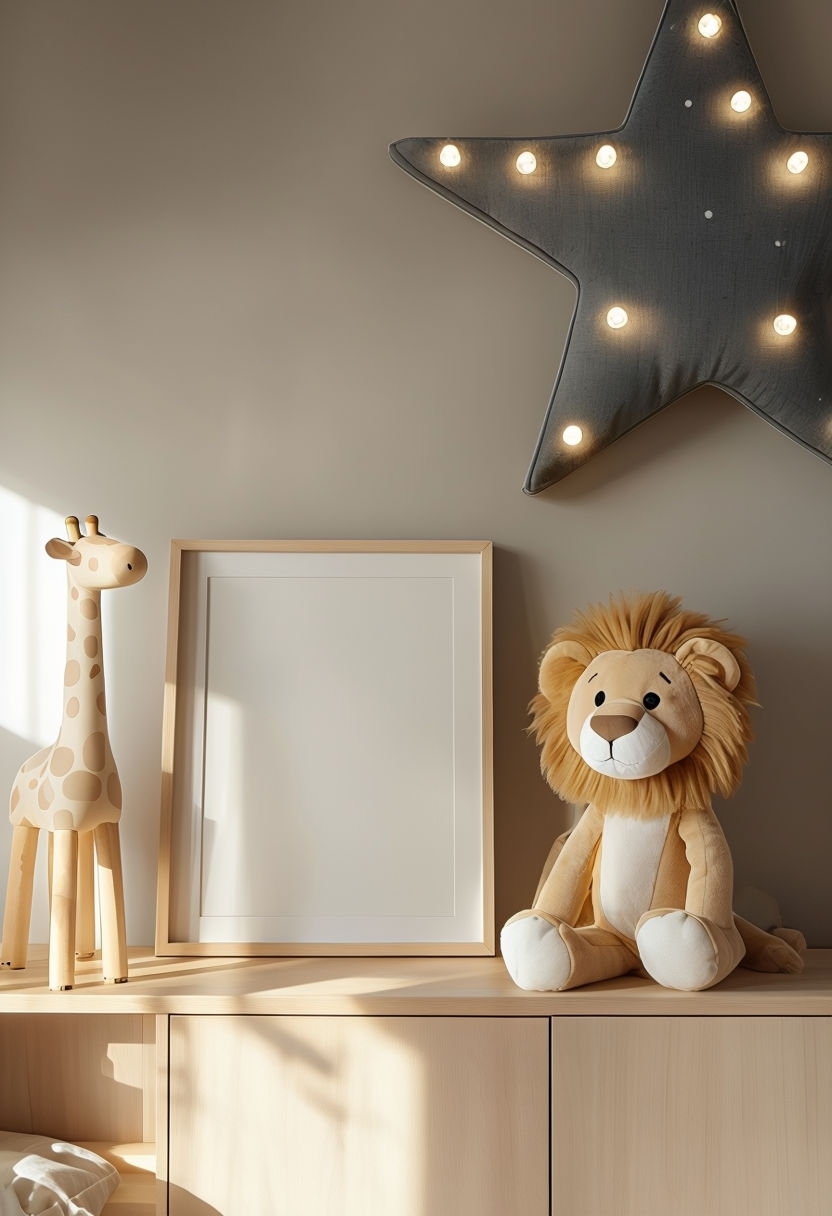 Cozy Child-Friendly Nursery Decor Featuring Plush Toy Lion Art