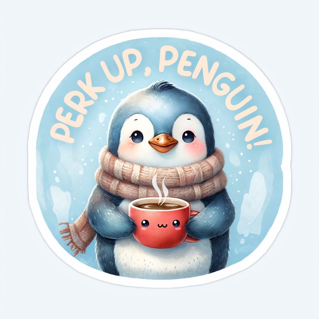 Cheerful Penguin with Coffee "Perk Up, Penguin!" Sticker