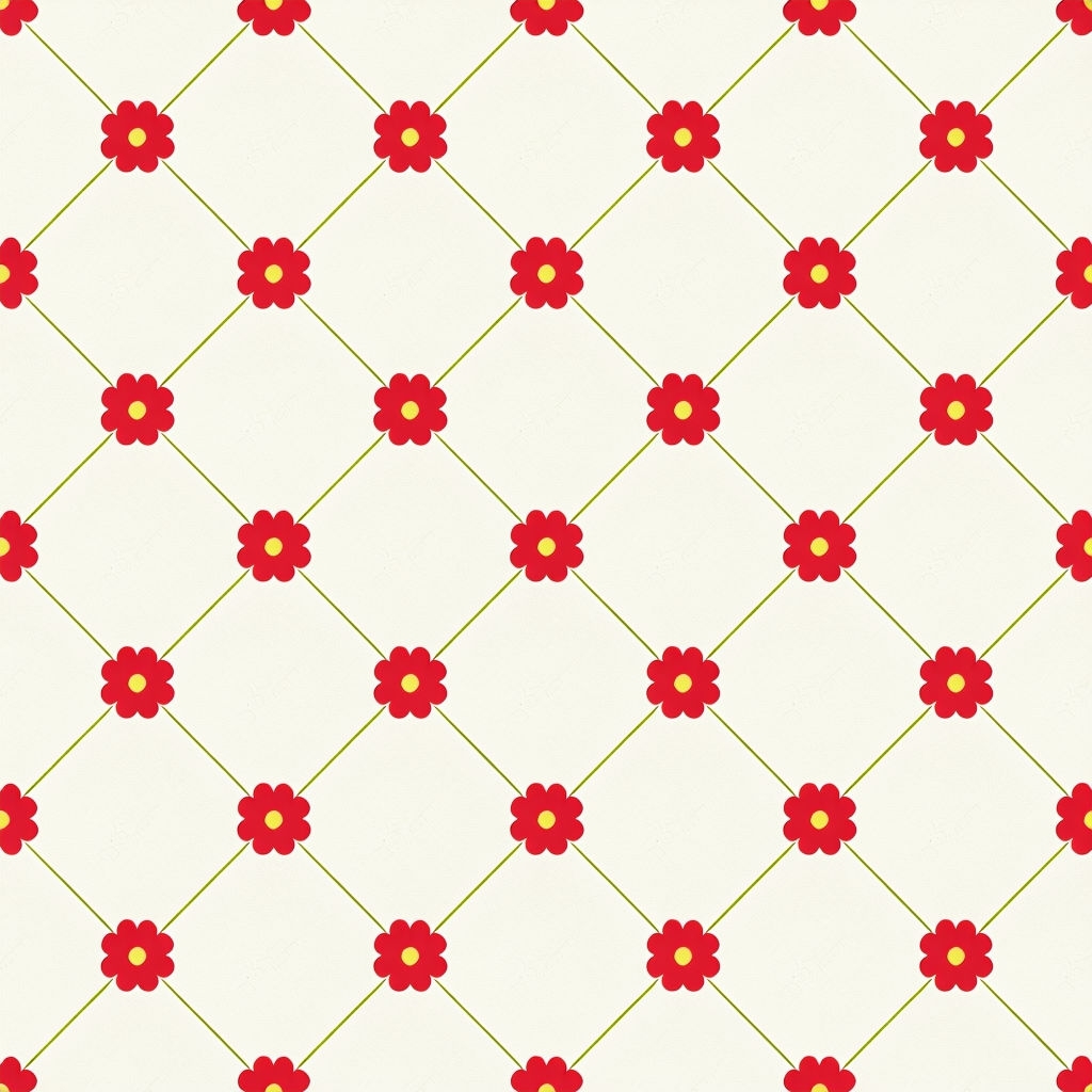 Cheerful Red Flower and Lime Green Diamond Pattern Seamless Pattern