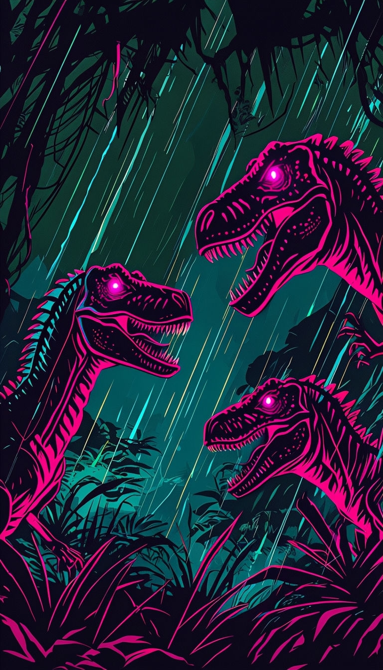 Menacing Neon Dinosaurs in Dark Jungle Illustration Mobile Wallpaper
