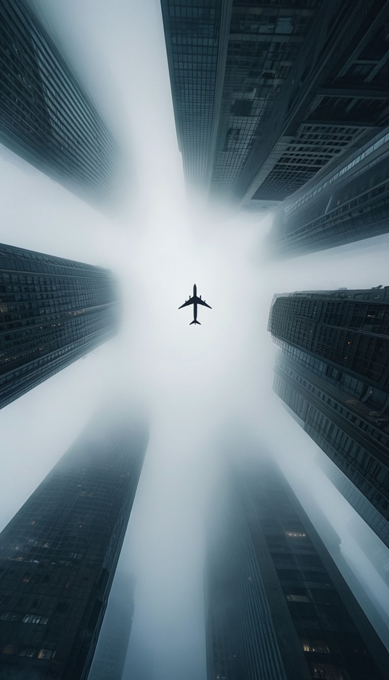 Mysterious Urban Fog with Airplane and Skyscrapers Mobile Wallpaper