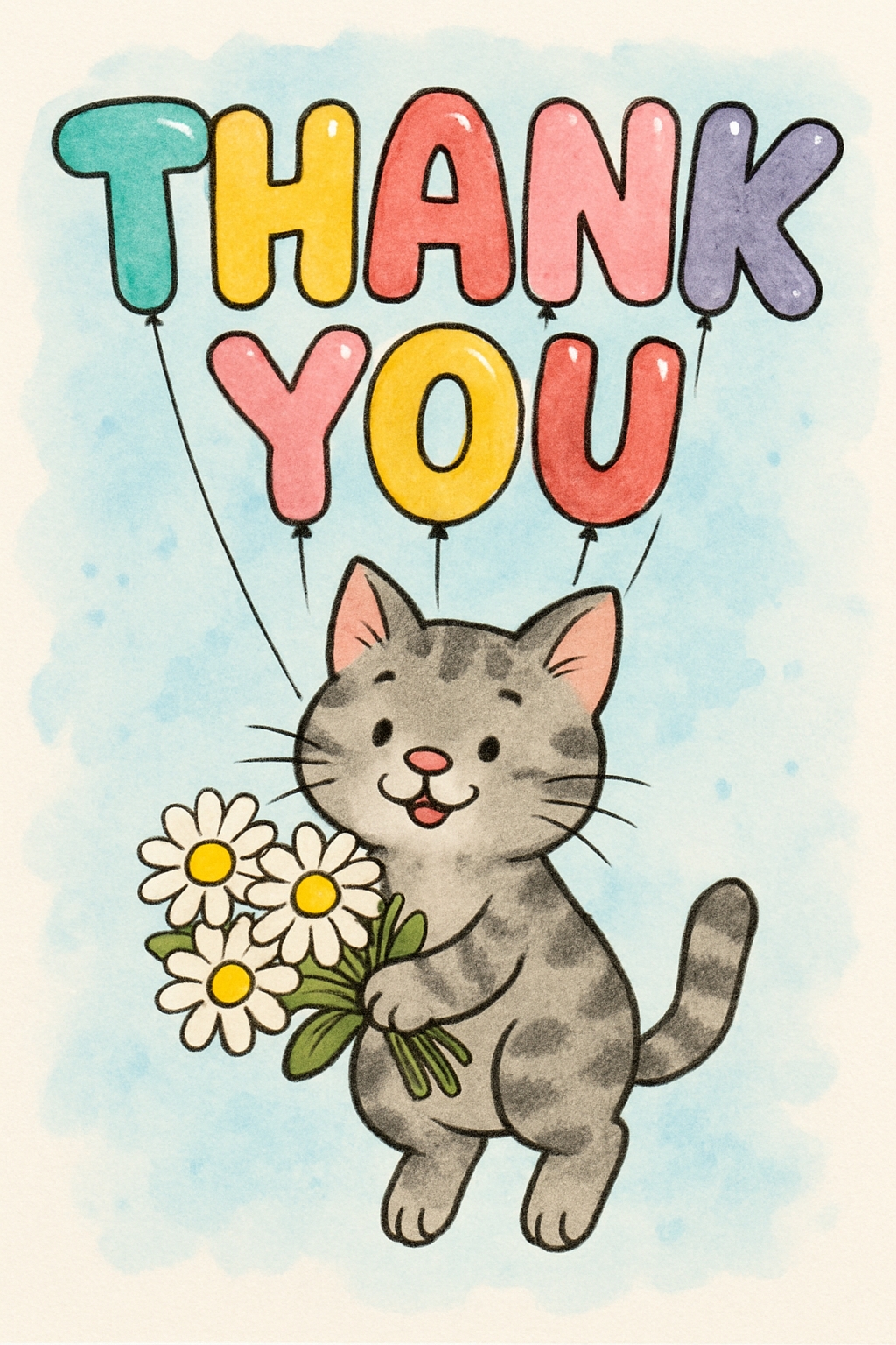Cheerful Gray Tabby Cat with Daisies Thank You Card Illustration Cards & Invites