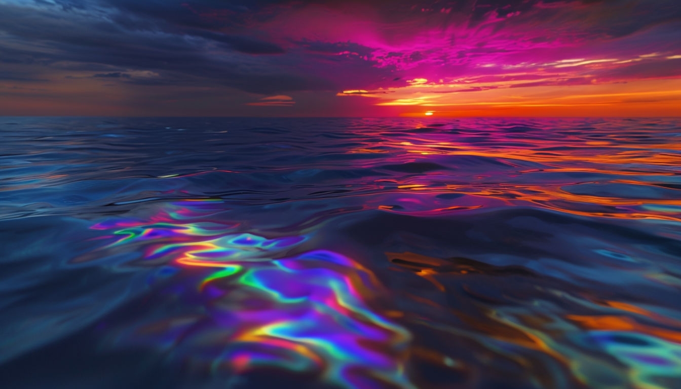 Calm Ocean Sunset with Iridescent Oil Slick Wallpaper for Virtual Backgrounds