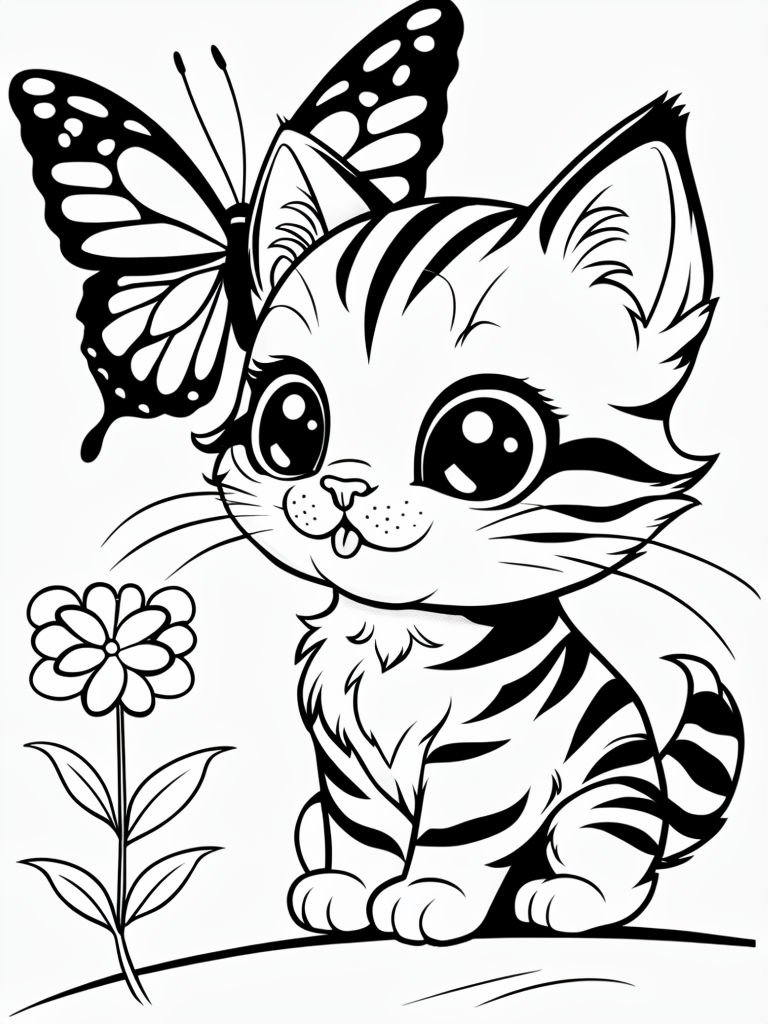 Adorable Kitten with Butterfly and Flower Coloring Page