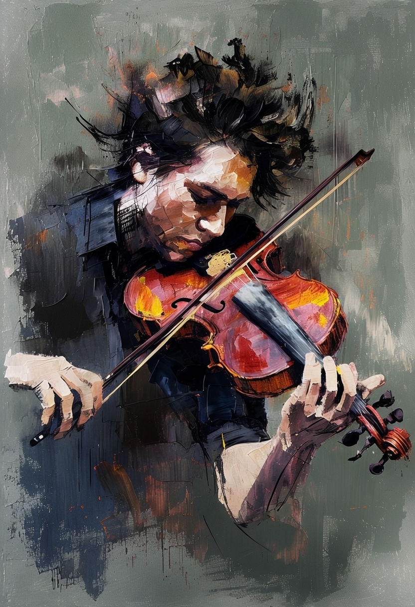 Dynamic Violinist Performance Portrait in Painterly Style Art