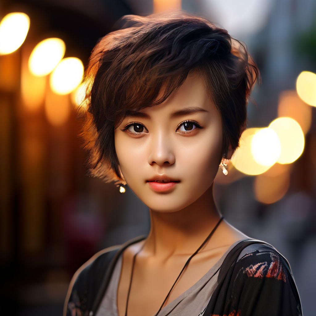 Draw me a cute Korean girl with short hair smilling on the street