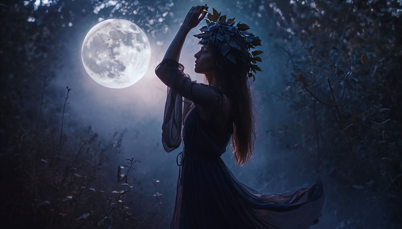 Ethereal Moonlit Forest Woman Silhouette Virtual Background